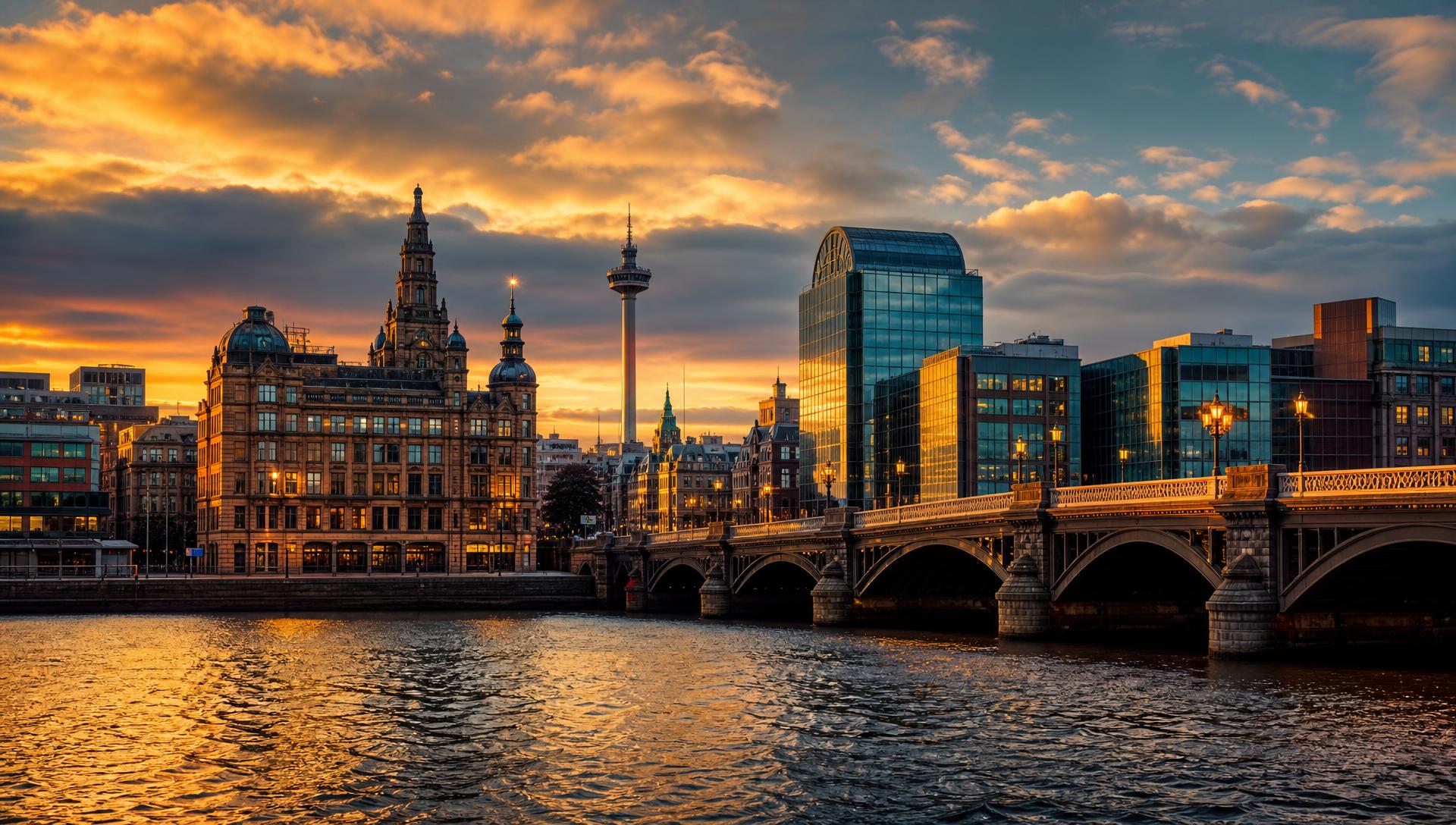 Glasgow skyline at golden hour across the River Clyde