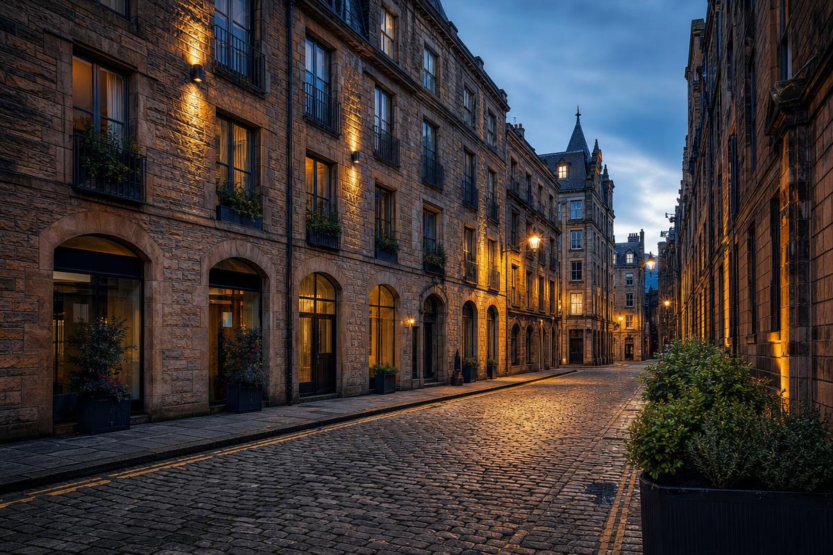 Historic Merchant City street in Glasgow at dusk