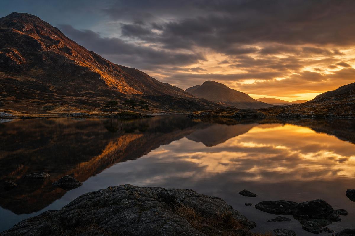 Scottish loch and highland landscape at dusk